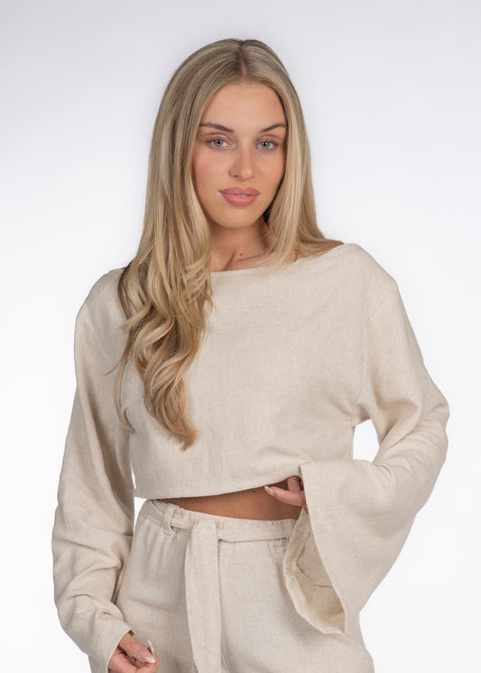 LINEN WIDE SLEEVE TOP BEIGE