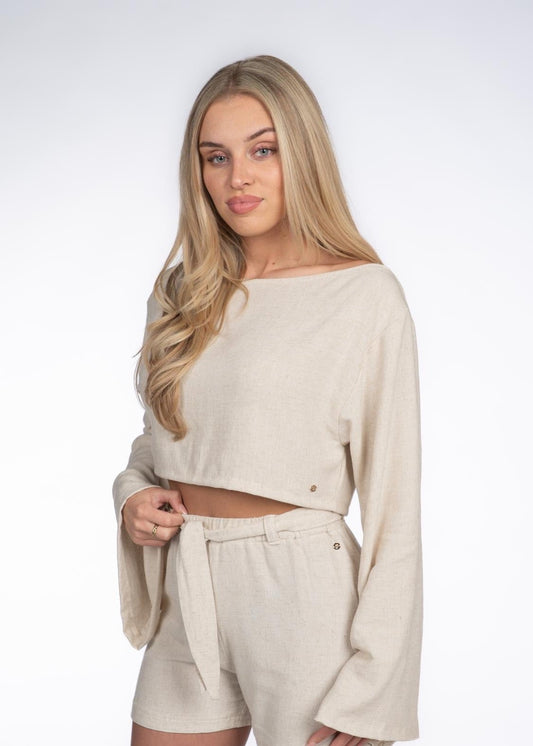 LINEN WIDE SLEEVE TOP BEIGE